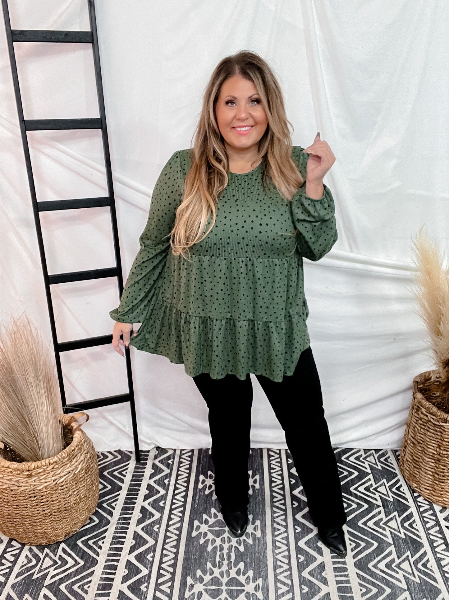 Olive Long Sleeve Tiered Top - Whiskey Skies