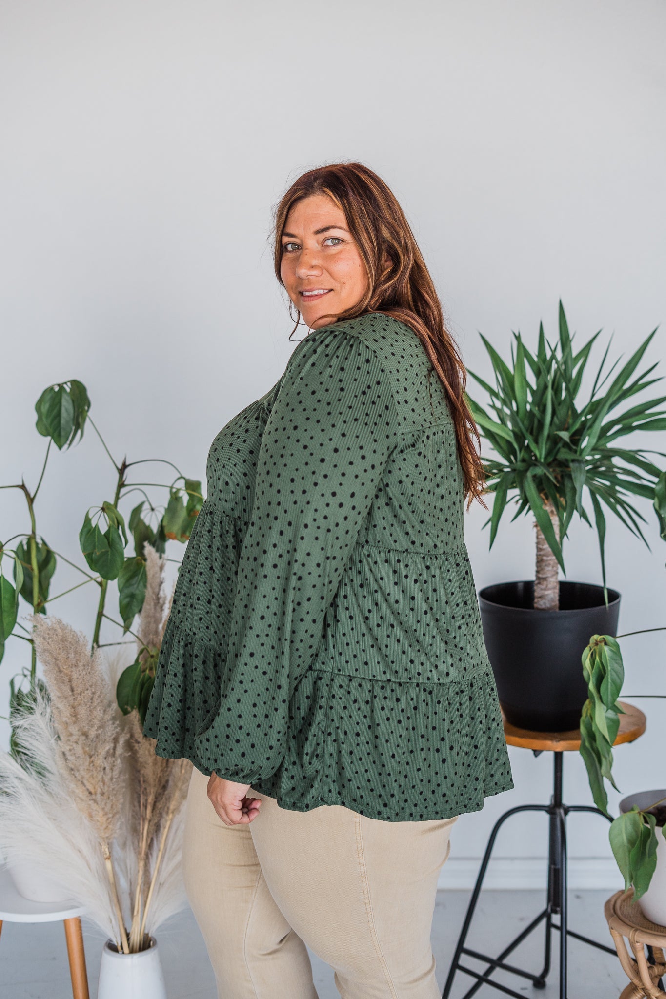 Olive Long Sleeve Tiered Top - Whiskey Skies