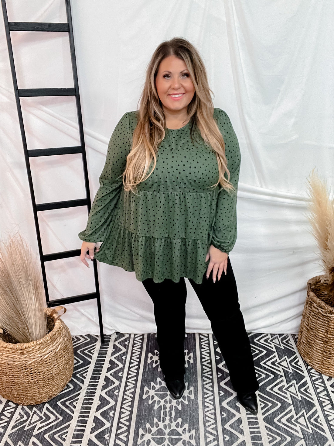 Olive Long Sleeve Tiered Top - Whiskey Skies