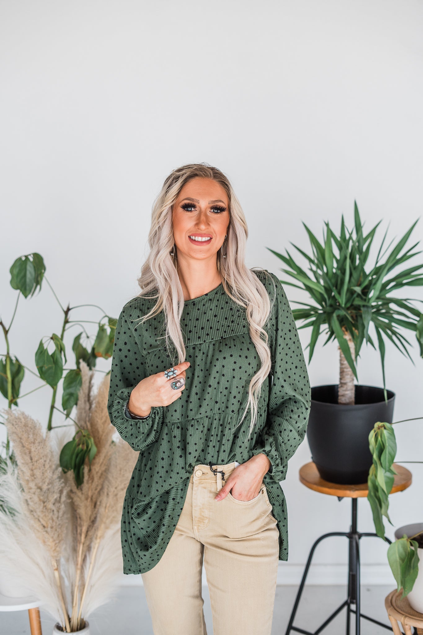 Olive Long Sleeve Tiered Top - Whiskey Skies