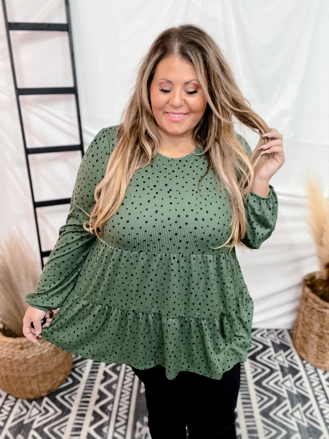 Olive Long Sleeve Tiered Top - Whiskey Skies