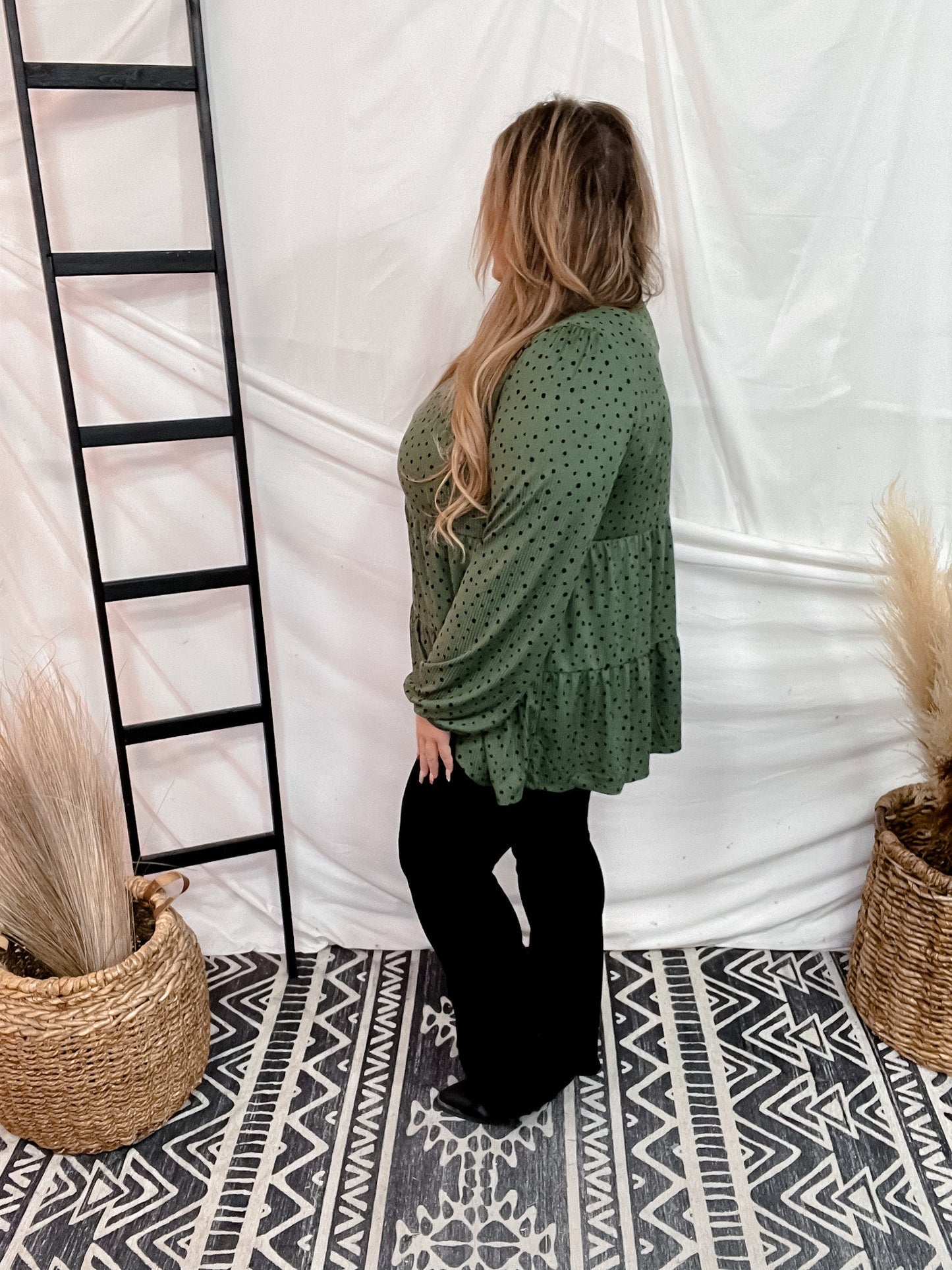 Olive Long Sleeve Tiered Top - Whiskey Skies