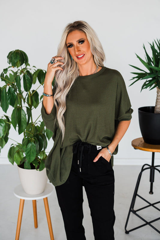Olive Waffle Knit Essential Top - Whiskey Skies