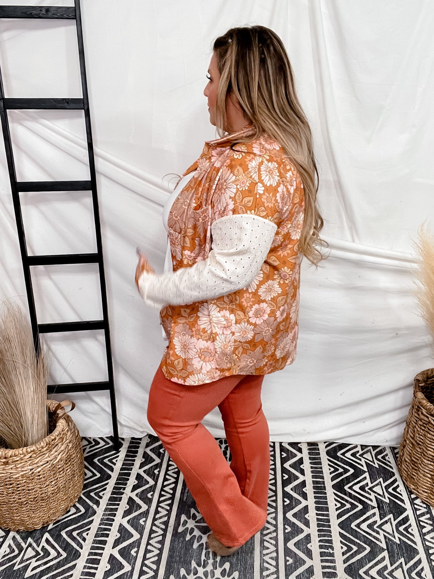 Orange Floral Blouse W/ Cream Laced Sleeves - Whiskey Skies