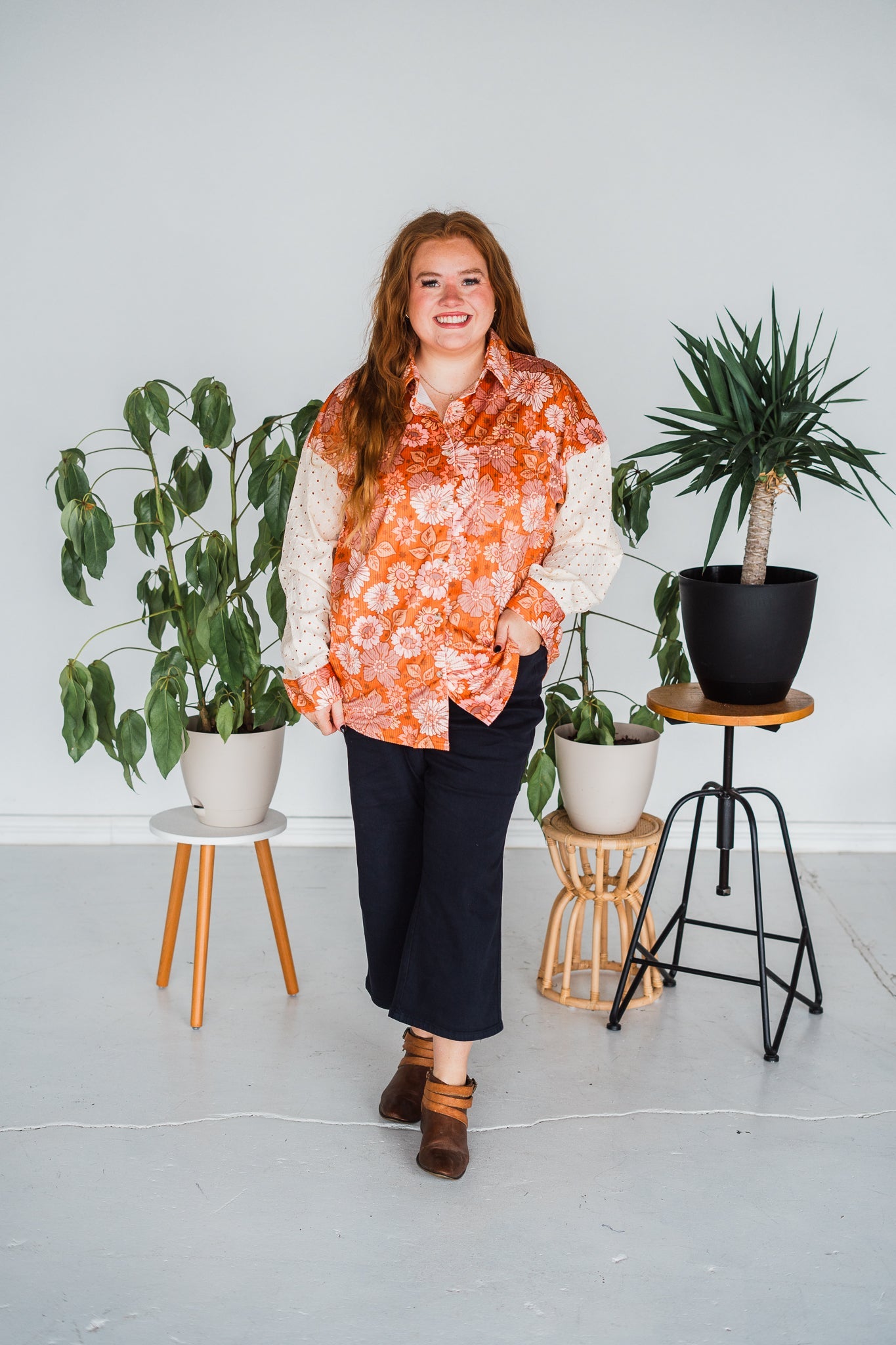 Orange Floral Blouse W/ Cream Laced Sleeves - Whiskey Skies