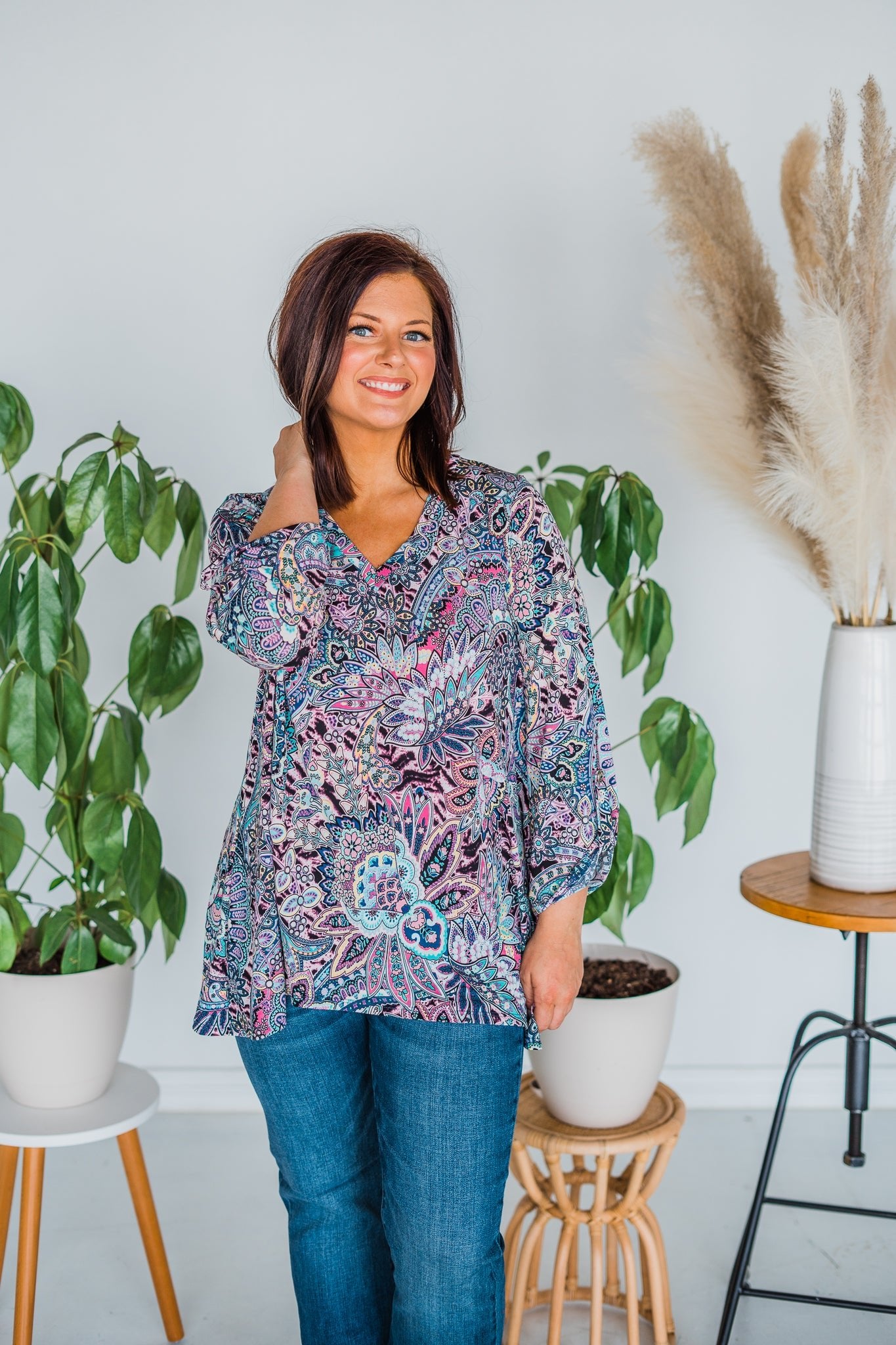 Paisley 3/4 Rolled Sleeve V-Neck Top - Whiskey Skies