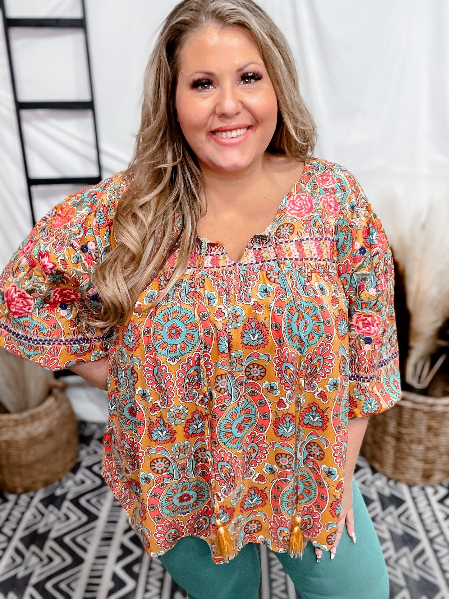 Paisley Babydoll Embroidered Top W/ Tassels - Whiskey Skies