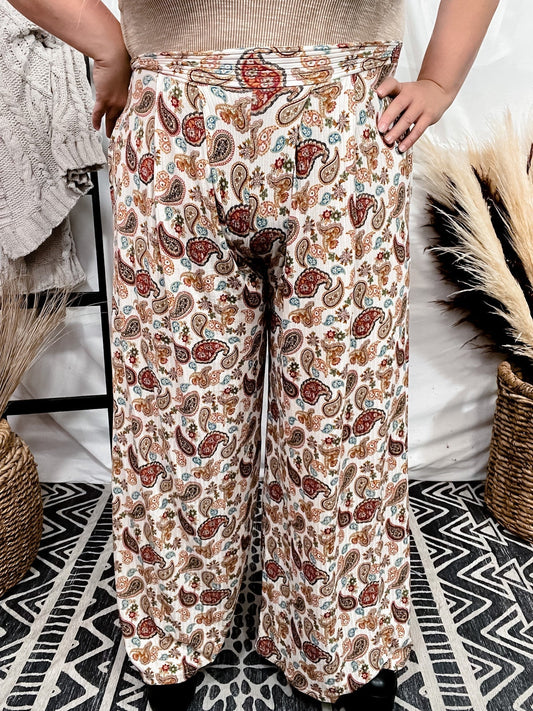 Paisley Print Wide Leg Pants With Pockets - Whiskey Skies