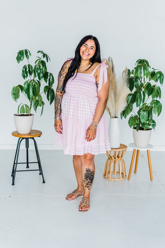 Pink Gingham Print Smocked Dress - Whiskey Skies