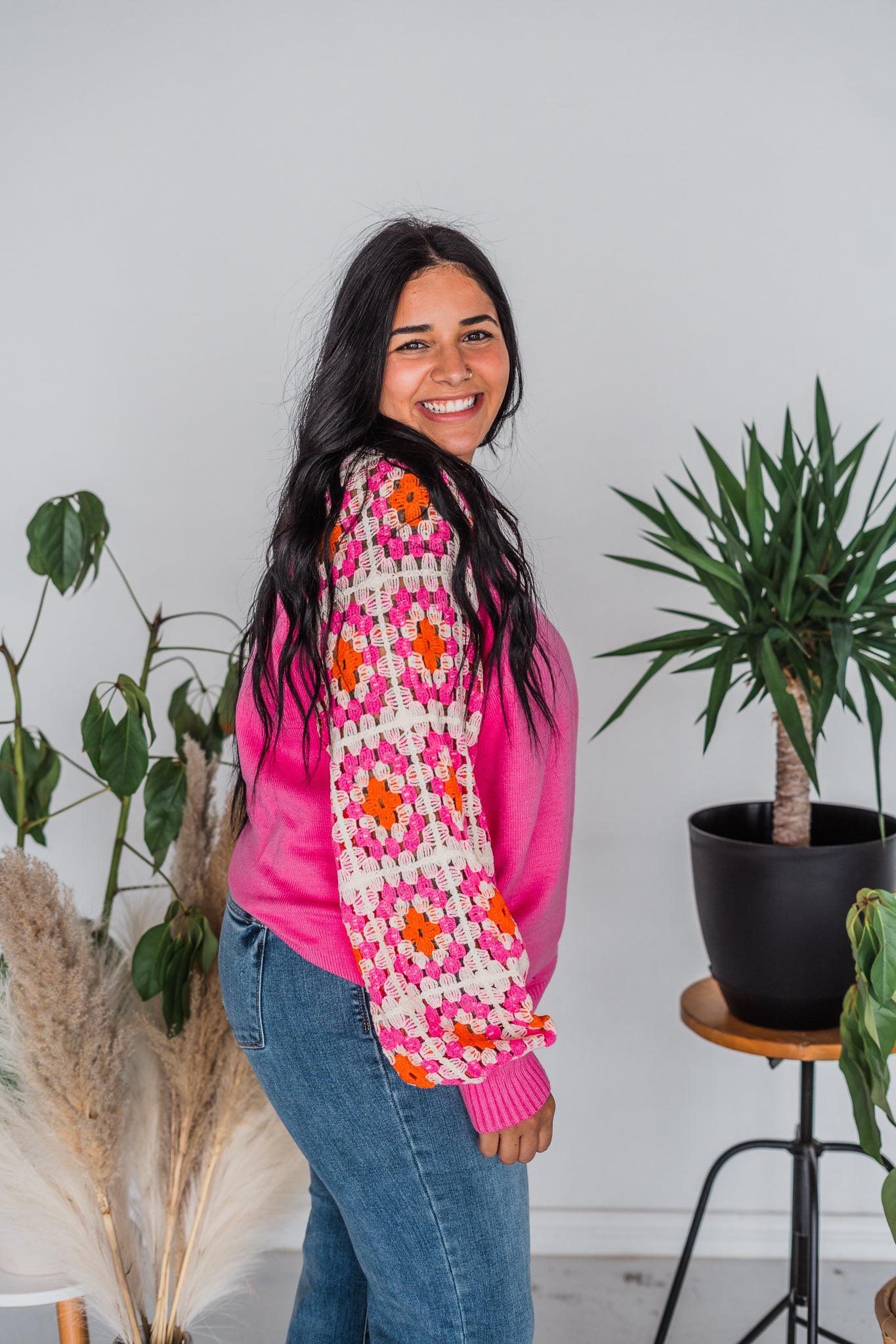 Pink Long Sleeve Sweater Top with Crochet Sleeves - Whiskey Skies