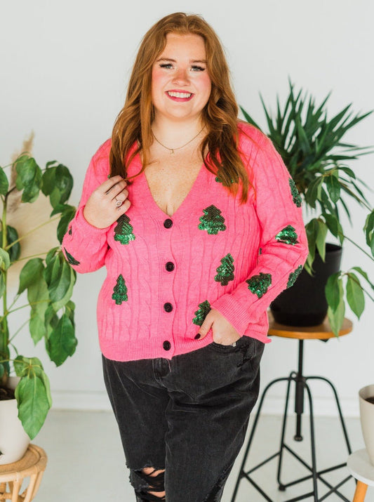 Pink Sequin Christmas Tree Cardigan - Whiskey Skies