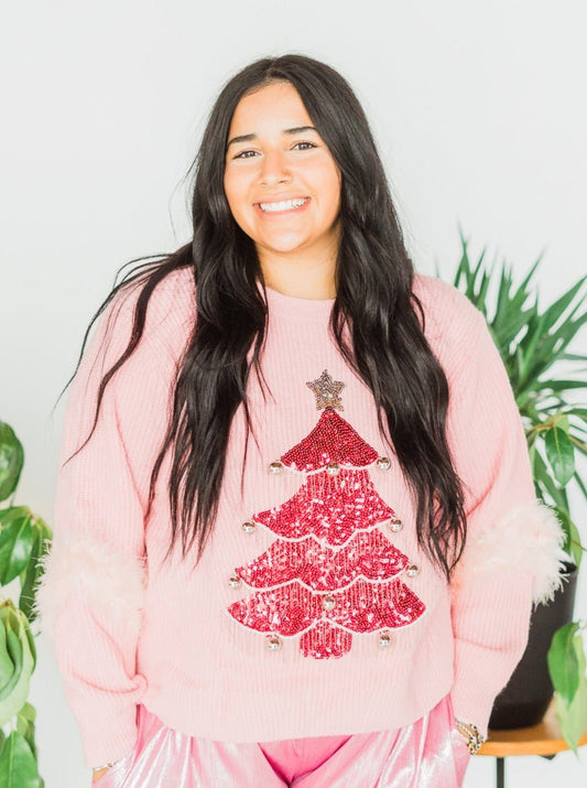 Pink Sequin Christmas Tree Sweater - Whiskey Skies