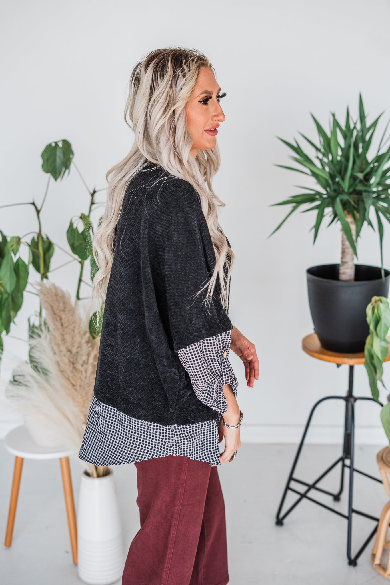 Plaid Contrast Knit Sweater - Whiskey Skies