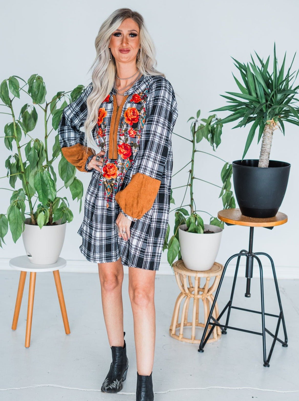 Plaid Embroidered Mini Dress - Whiskey Skies