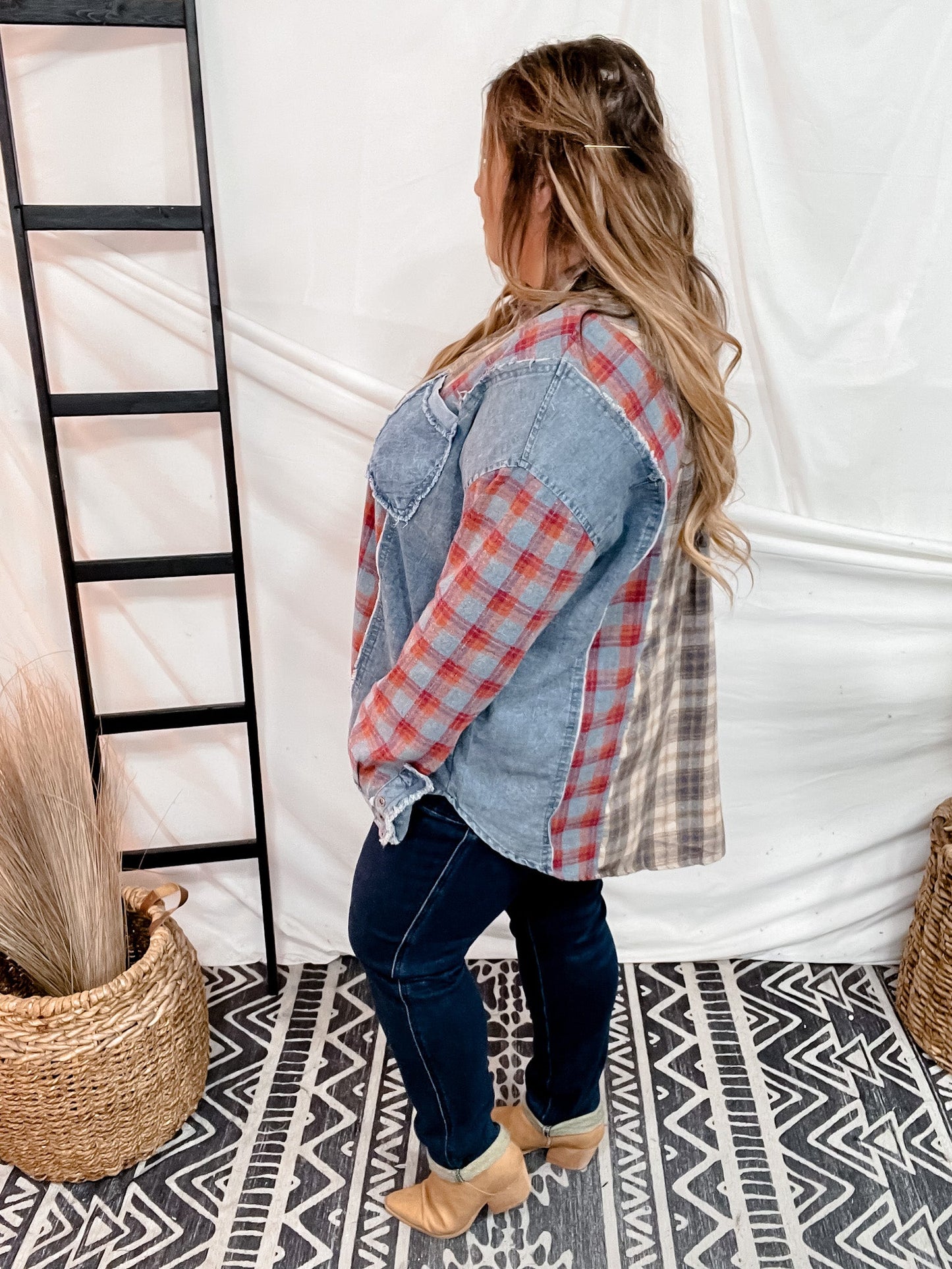 Plaid Mixed Print Button Down Shirt - Whiskey Skies