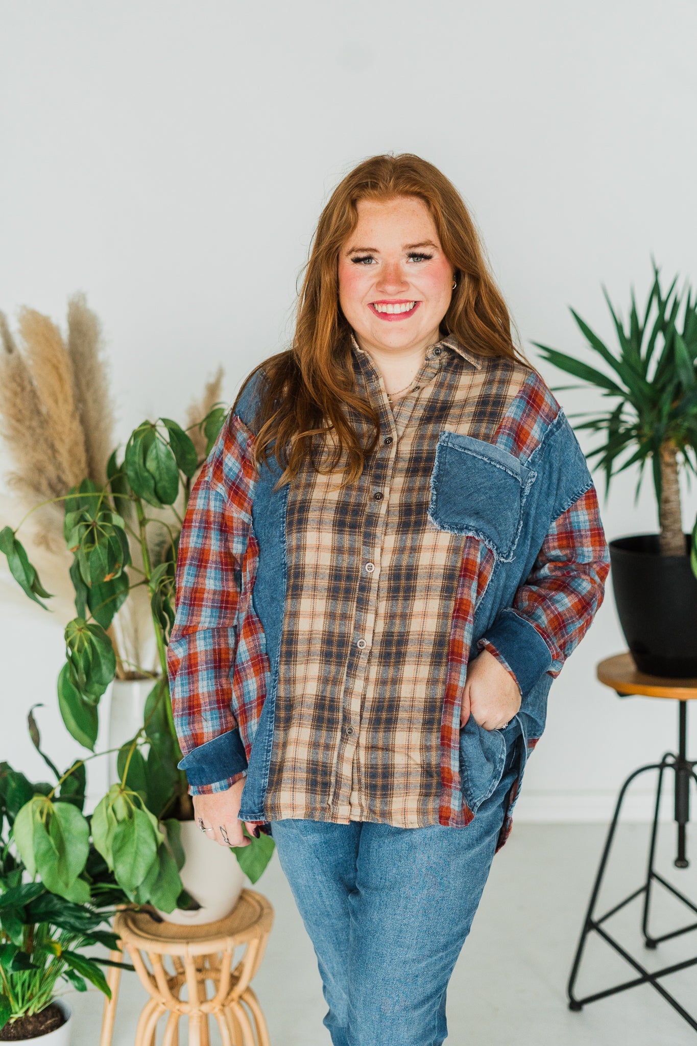 Plaid Mixed Print Button Down Shirt - Whiskey Skies