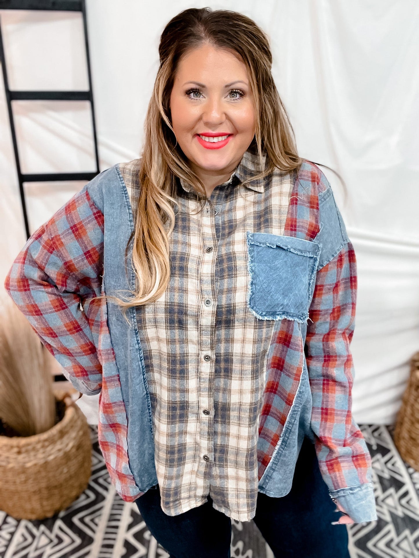 Plaid Mixed Print Button Down Shirt - Whiskey Skies