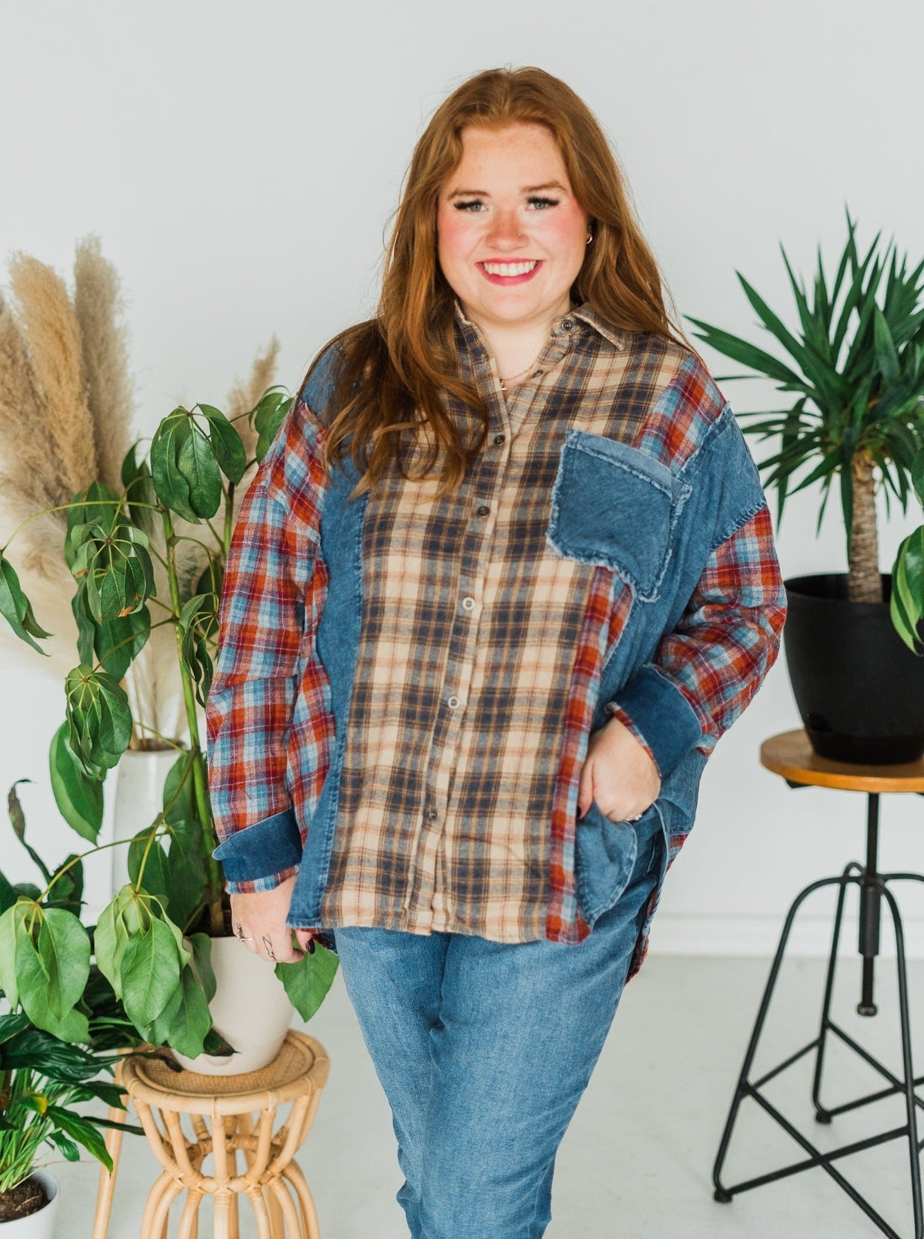 Plaid Mixed Print Button Down Shirt - Whiskey Skies