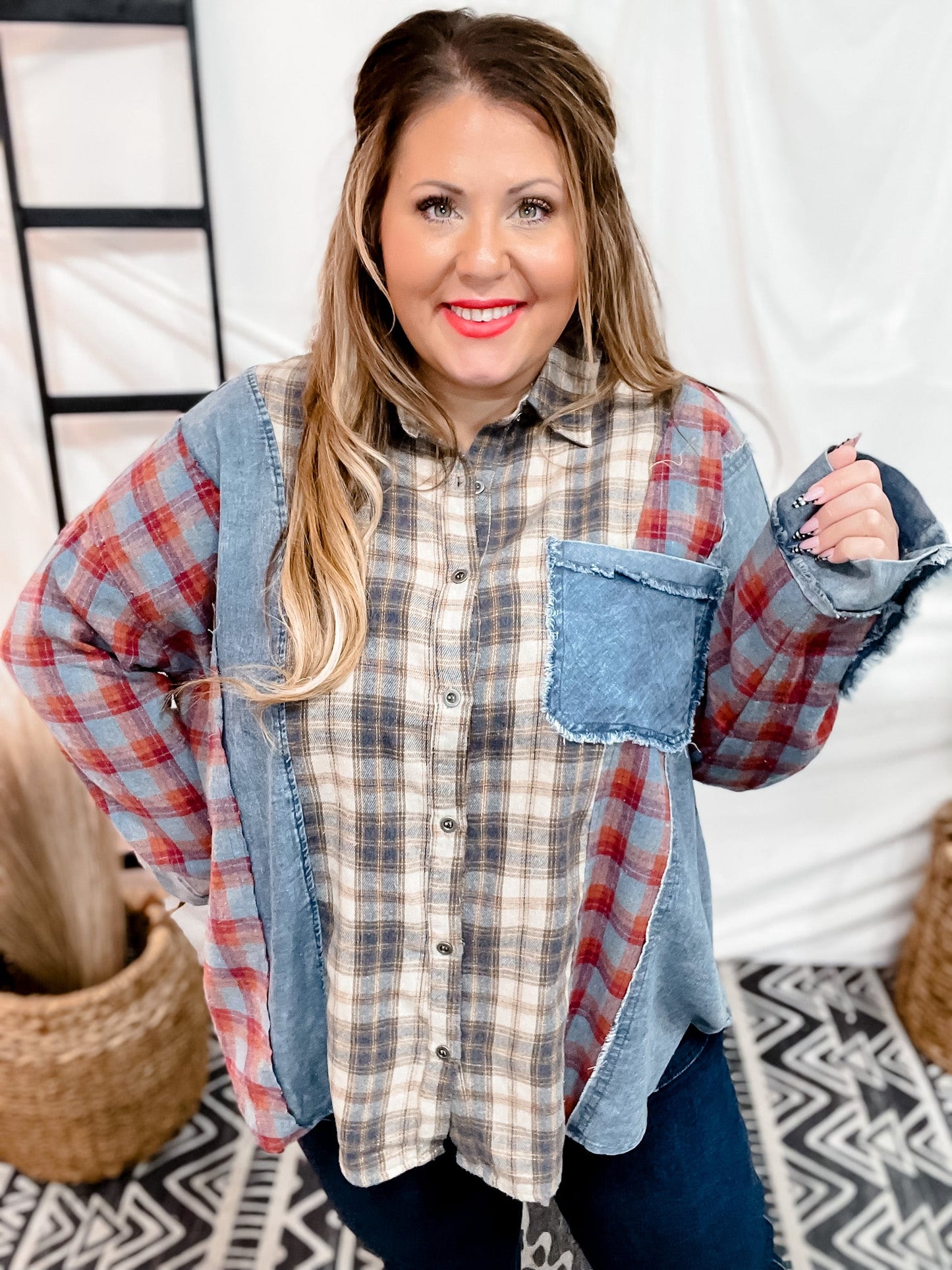 Plaid Mixed Print Button Down Shirt - Whiskey Skies
