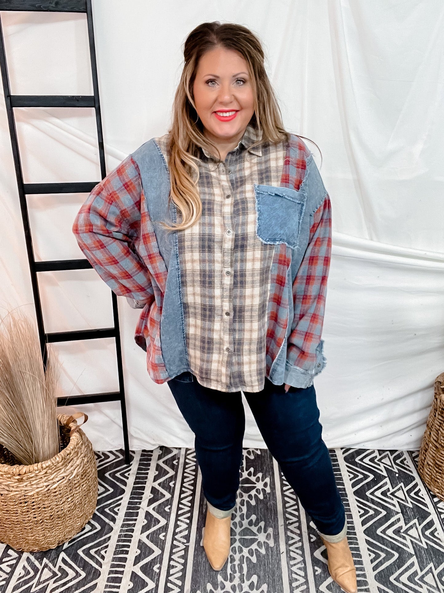 Plaid Mixed Print Button Down Shirt - Whiskey Skies