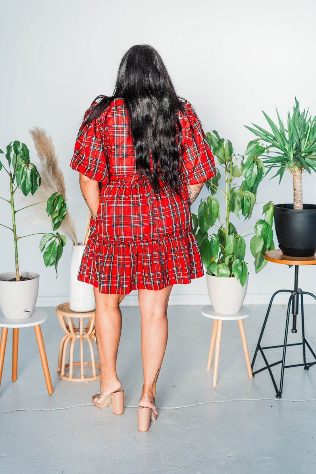 Plaid Short Sleeve Tiered Mini Dress - Whiskey Skies