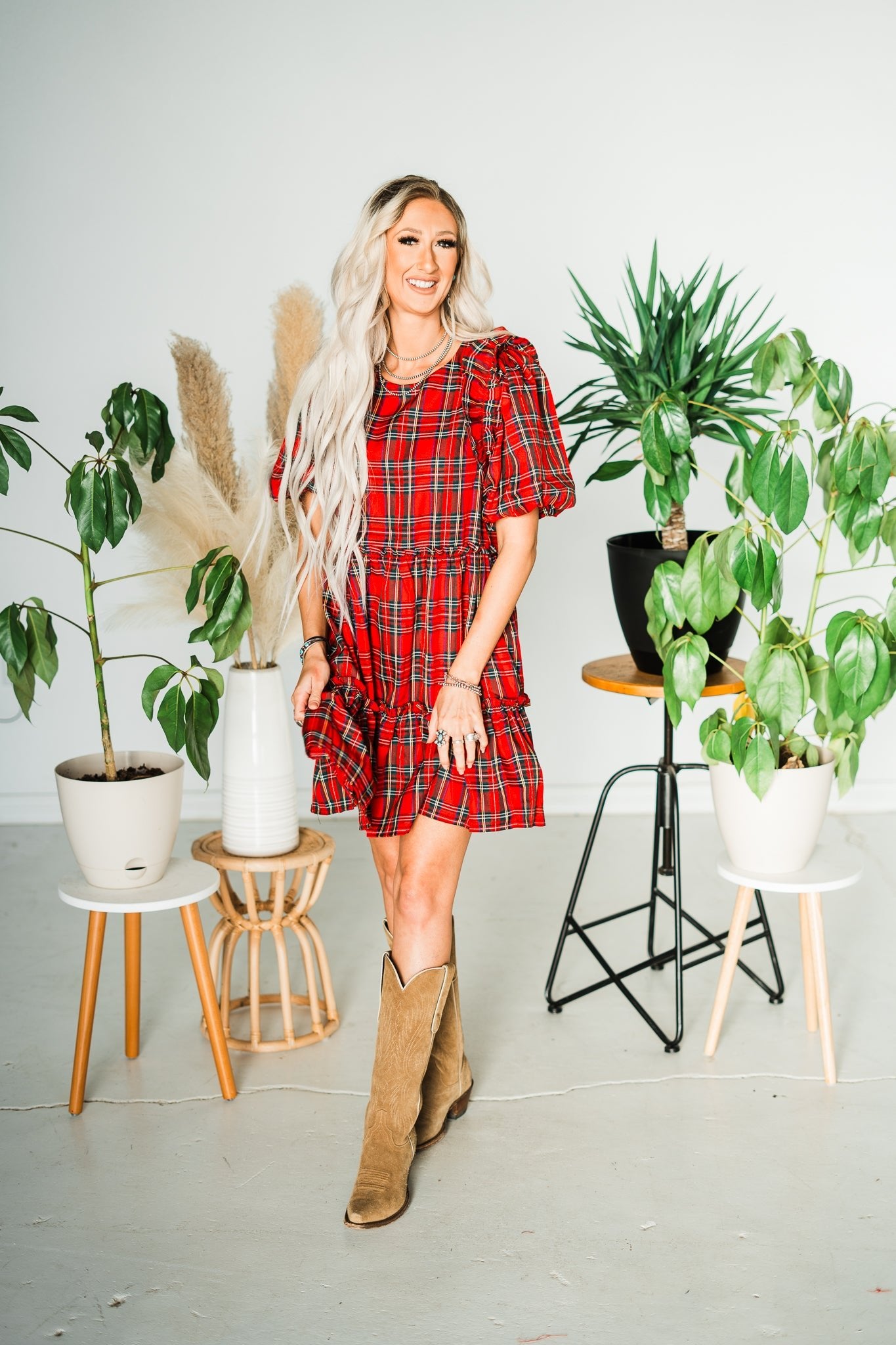 Plaid Short Sleeve Tiered Mini Dress - Whiskey Skies