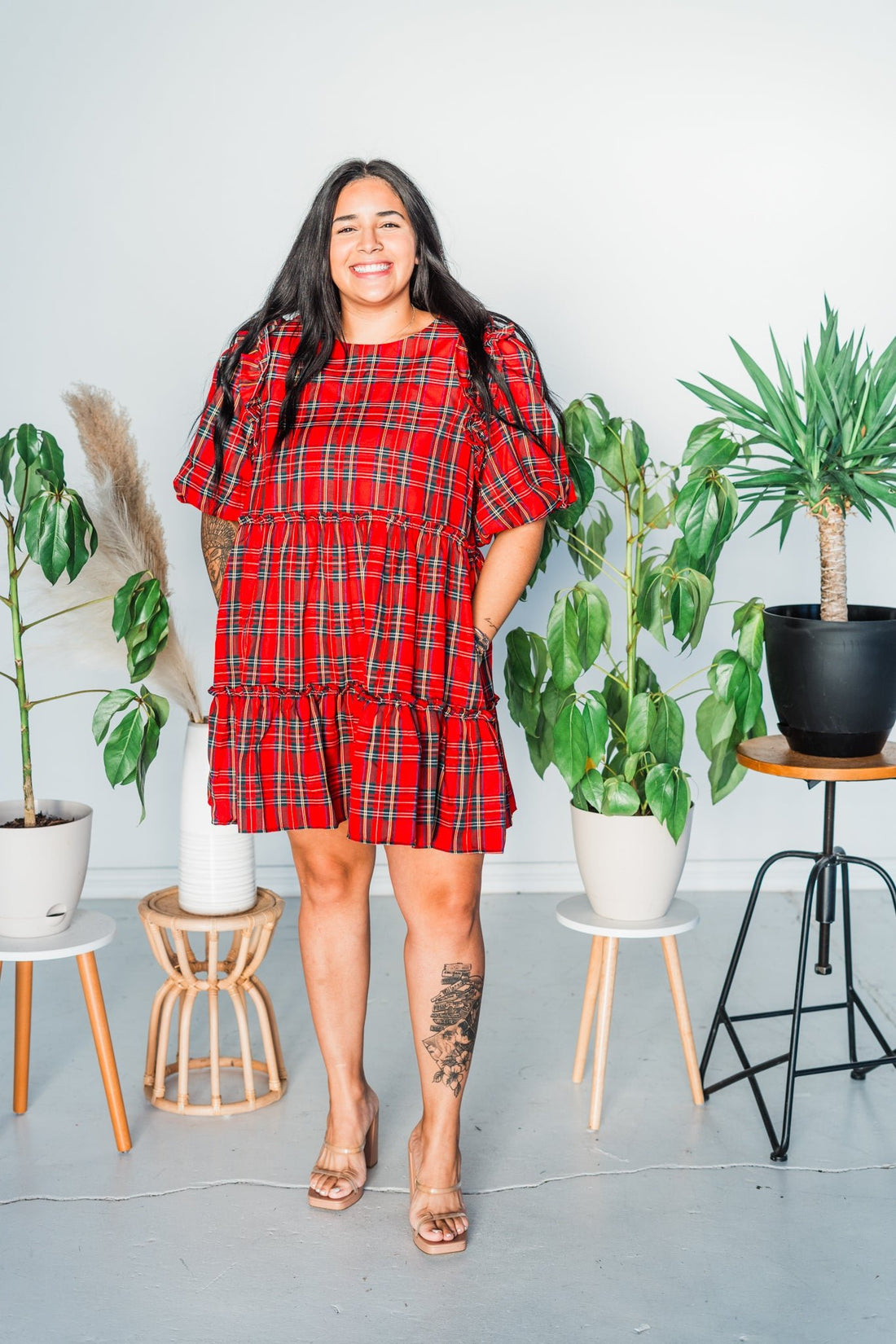 Plaid Short Sleeve Tiered Mini Dress - Whiskey Skies