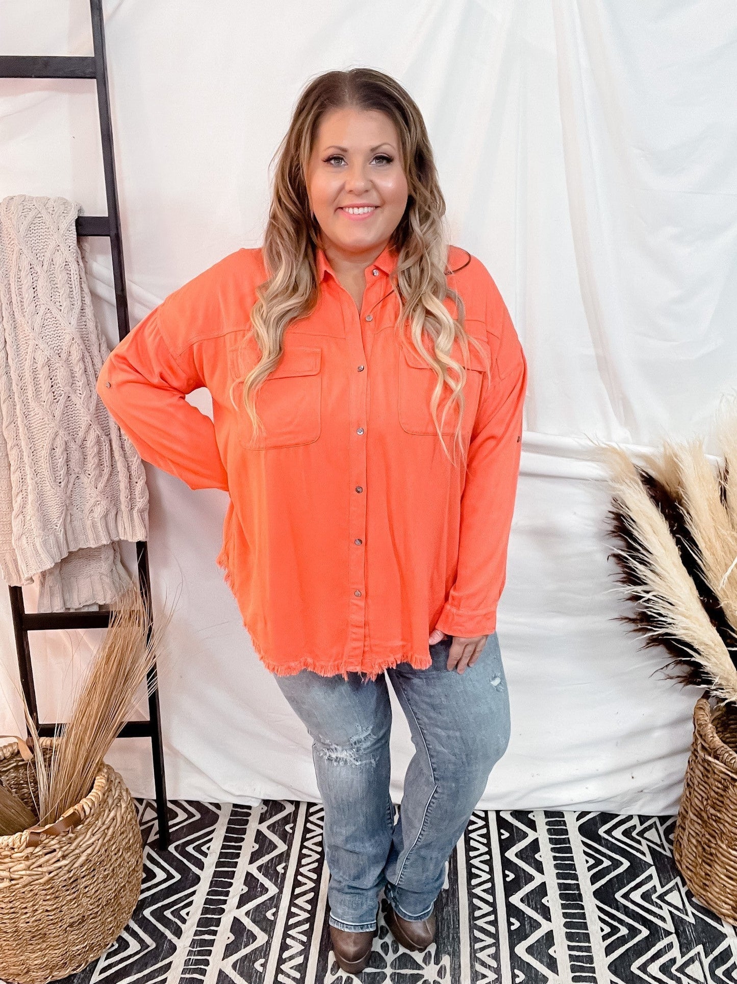 Raw Hem Long Sleeve Button Down - Whiskey Skies - WHITE BIRCH