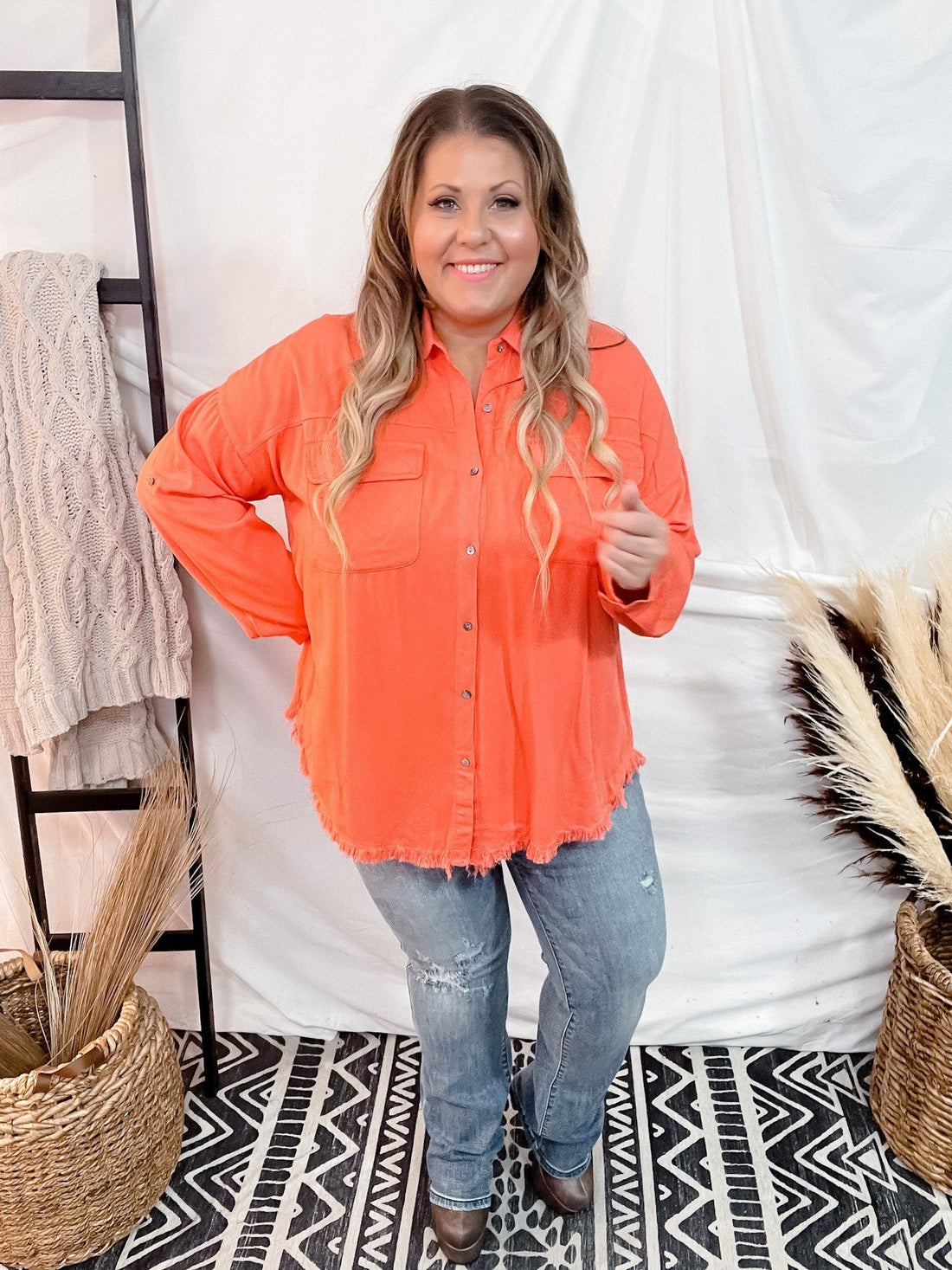 Raw Hem Long Sleeve Button Down - Whiskey Skies - WHITE BIRCH