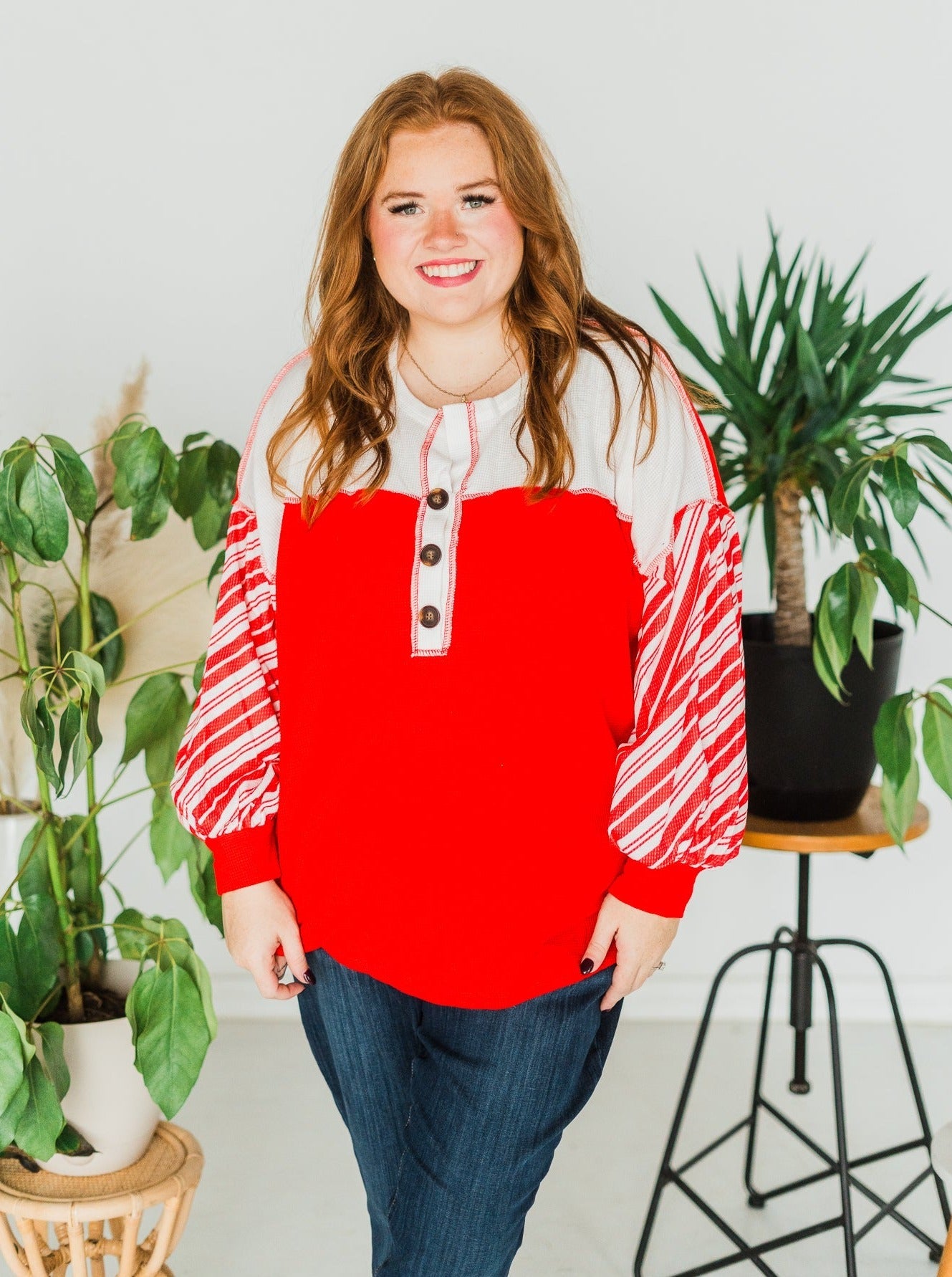Red Candy Cane Sleeve Top - Whiskey Skies
