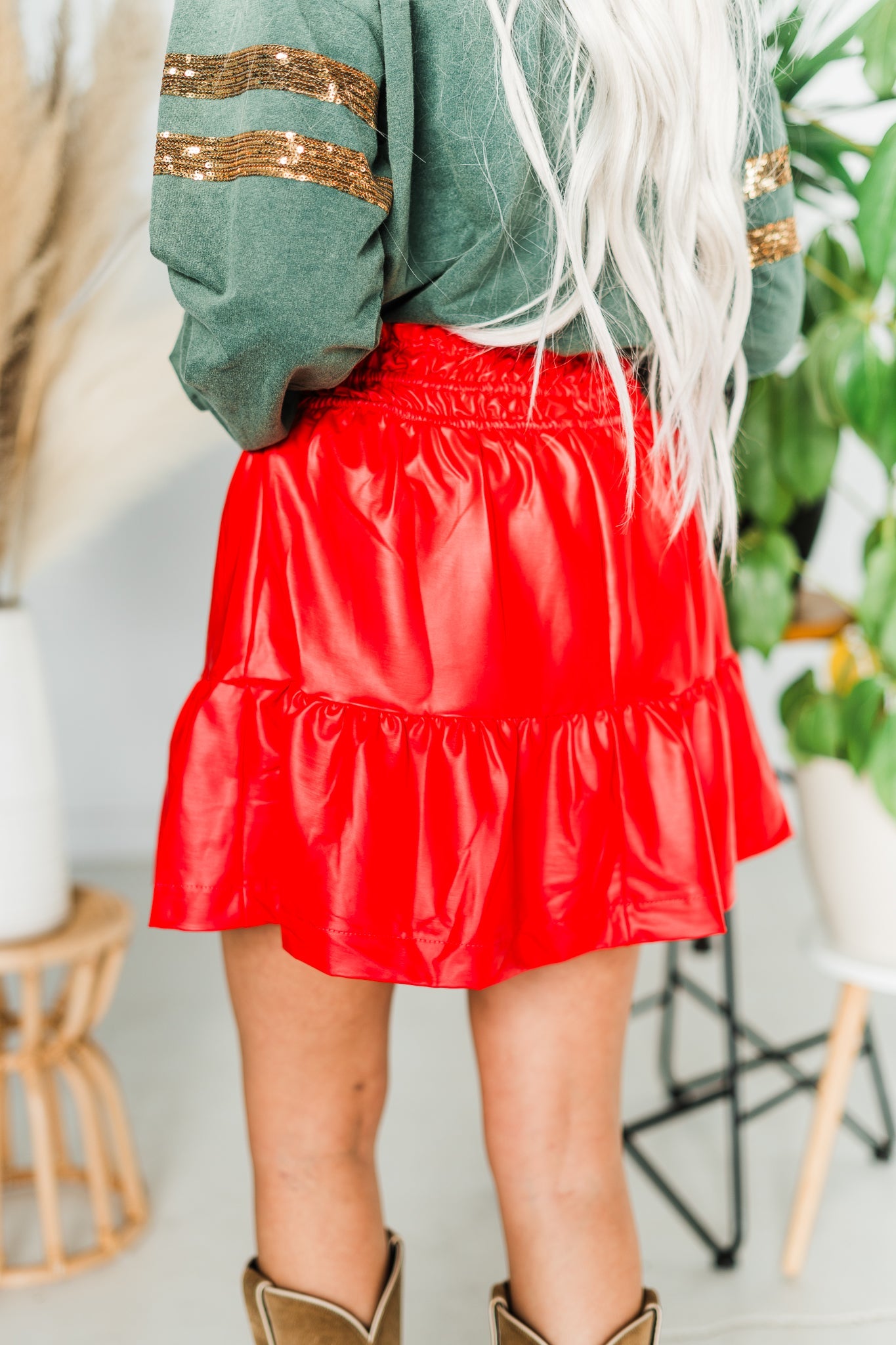 Red High Waist Faux Leather Skorts - Whiskey Skies