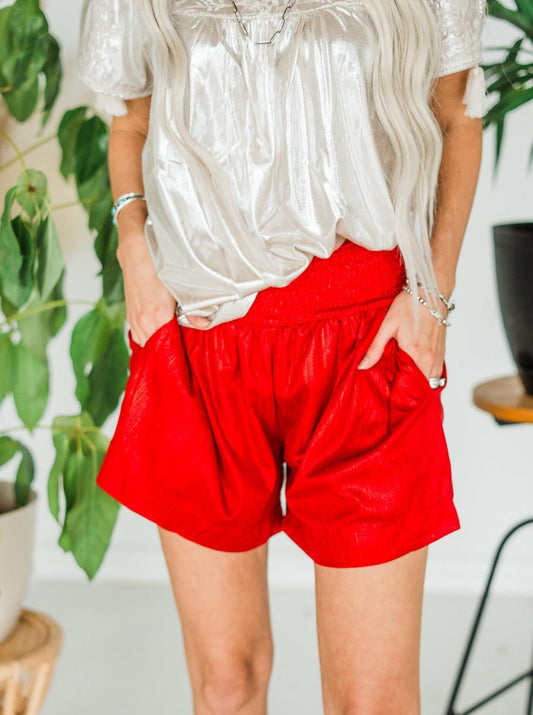 Red High Waist Shimmer Shorts - Whiskey Skies
