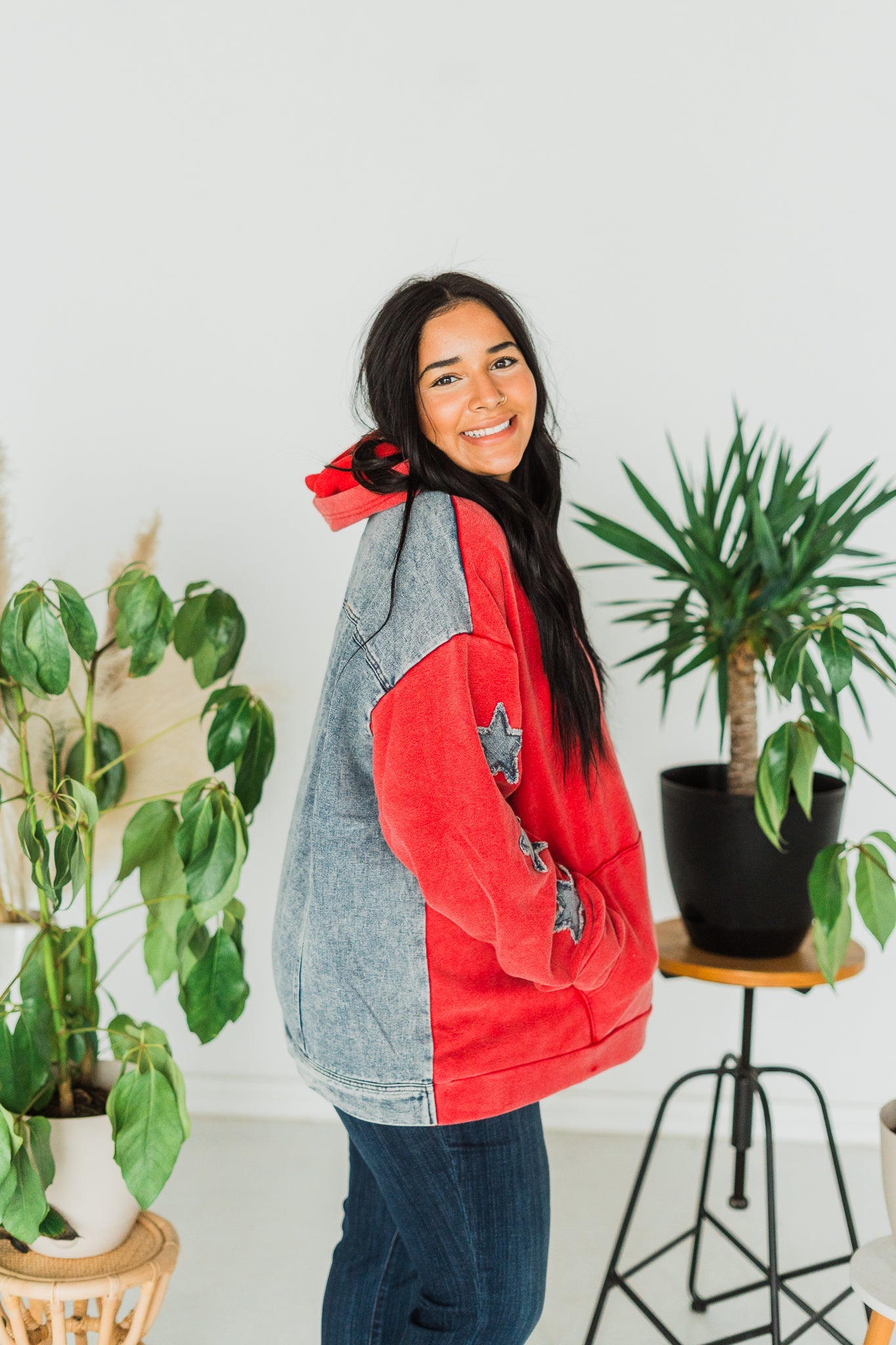 Red Oversized Hoodie with Denim Back and Star Patches