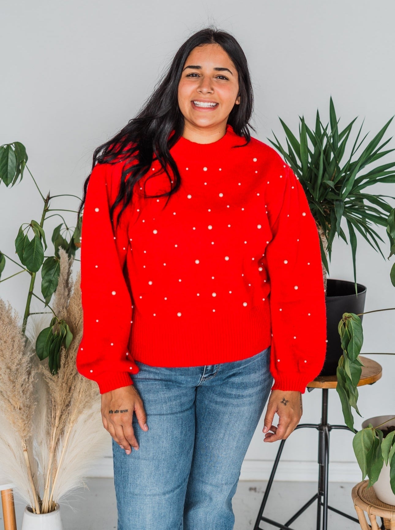 Red Pearl Embellished Mock Neck Sweater - Whiskey Skies