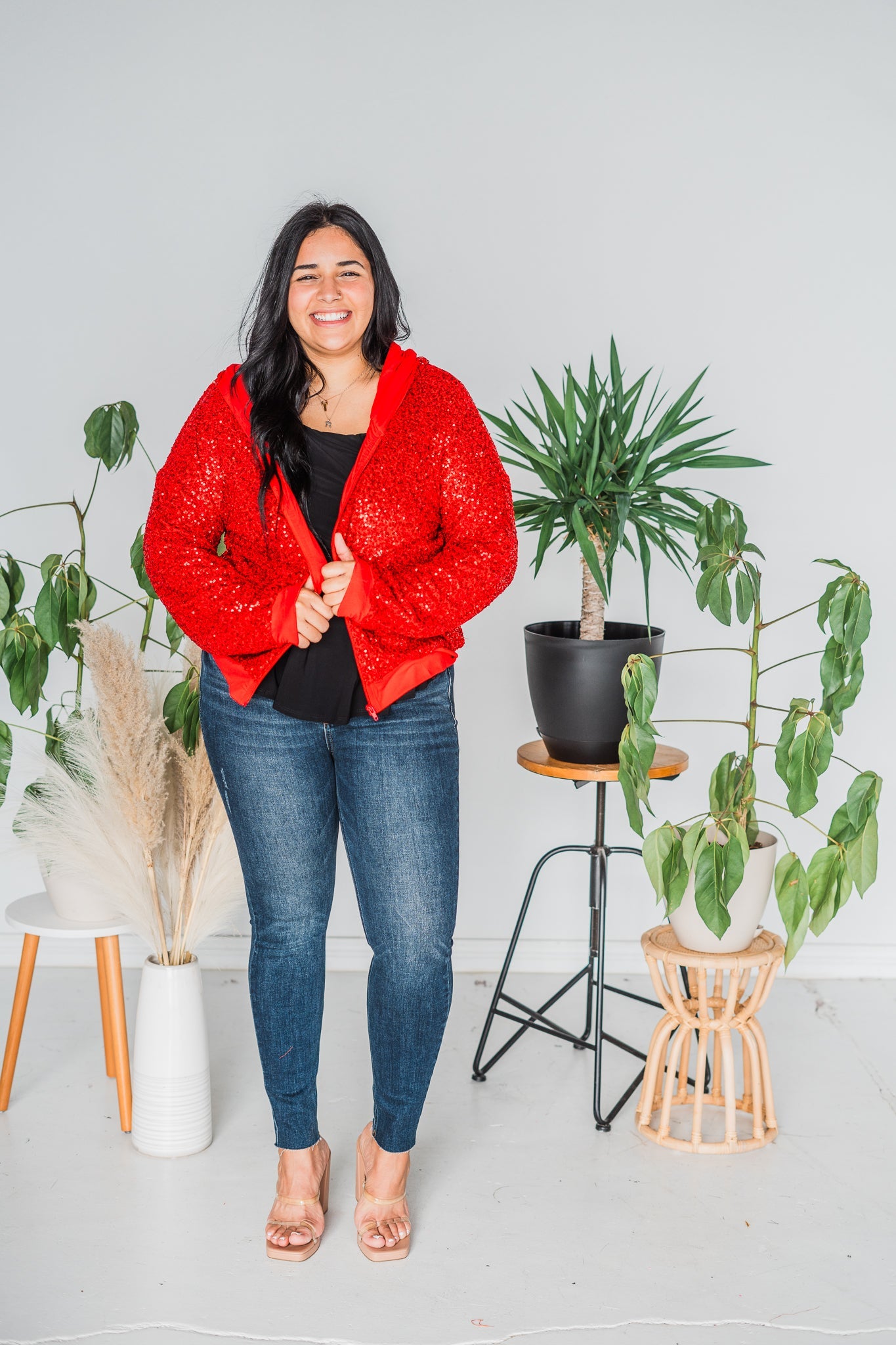 Red Oversized Hoodie with Denim Back and Star Patches