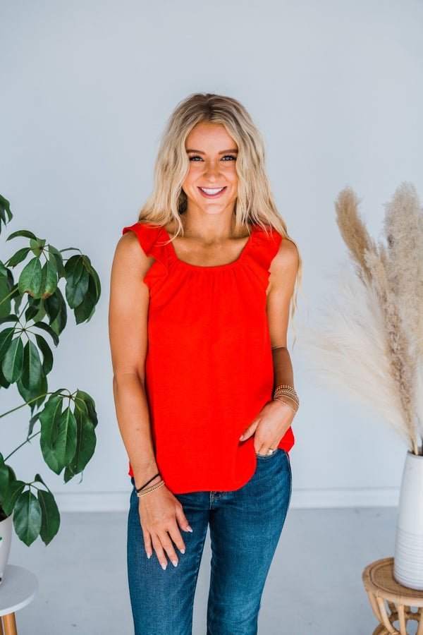 Red Sleeveless Top W/ Ruffle Detail - Whiskey Skies