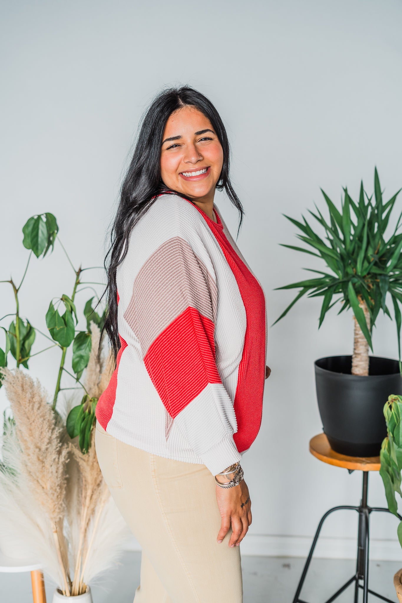 Red & Taupe Color Block Corded Sweater - Whiskey Skies