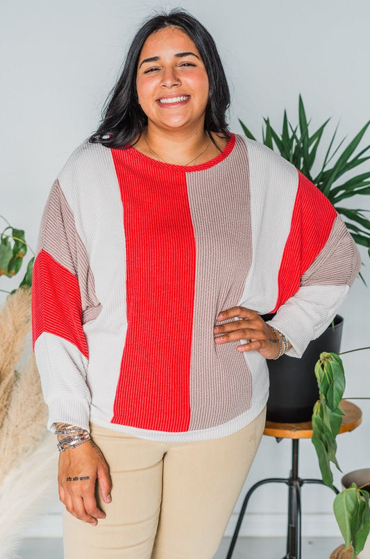 Red & Taupe Color Block Corded Sweater - Whiskey Skies
