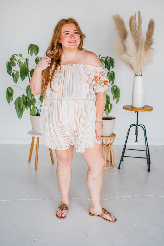 Rose Embroidered Striped Romper - Whiskey Skies