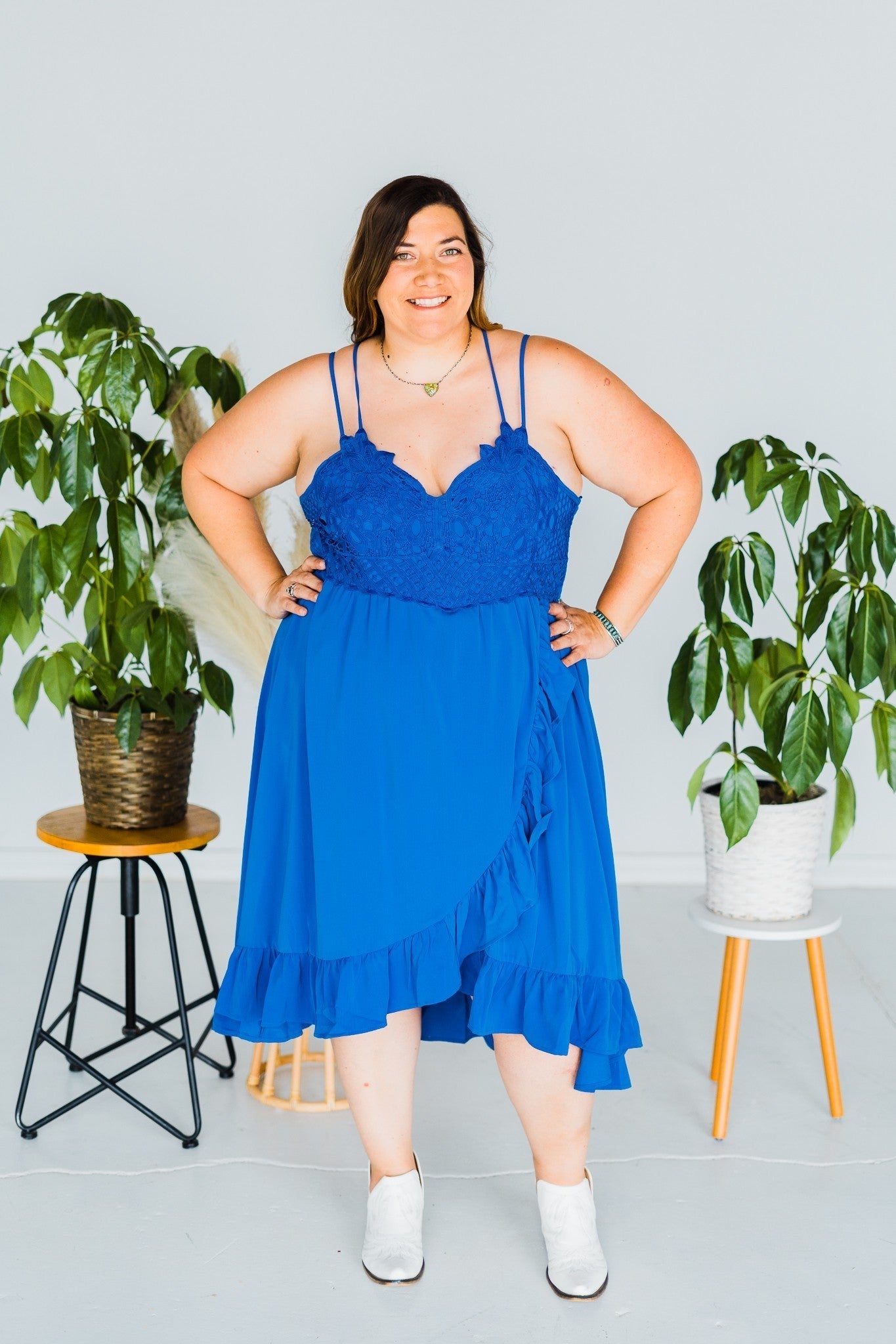 Royal Blue Lace With Ruffle Bottom Dress - Whiskey Skies