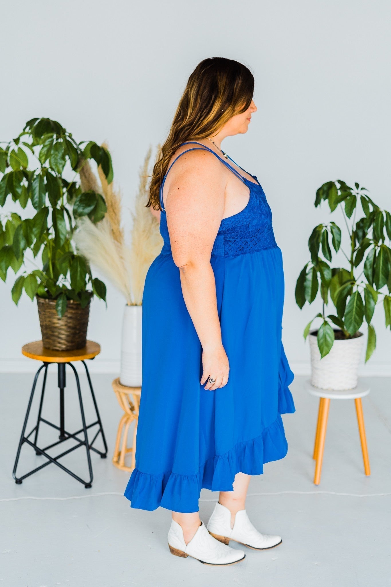 Royal Blue Lace With Ruffle Bottom Dress - Whiskey Skies