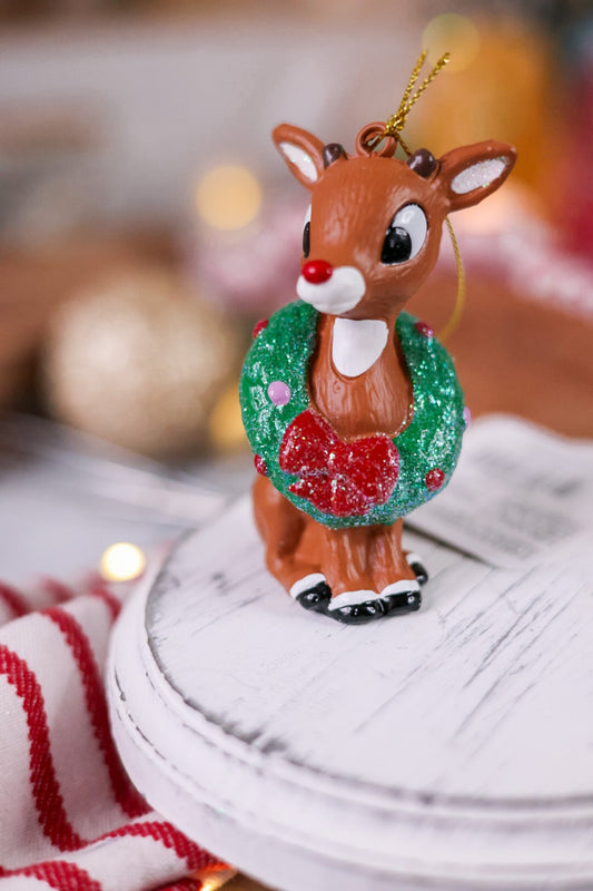 Rudolph The Red Nose Reindeer With Wreath Ornament - Whiskey Skies
