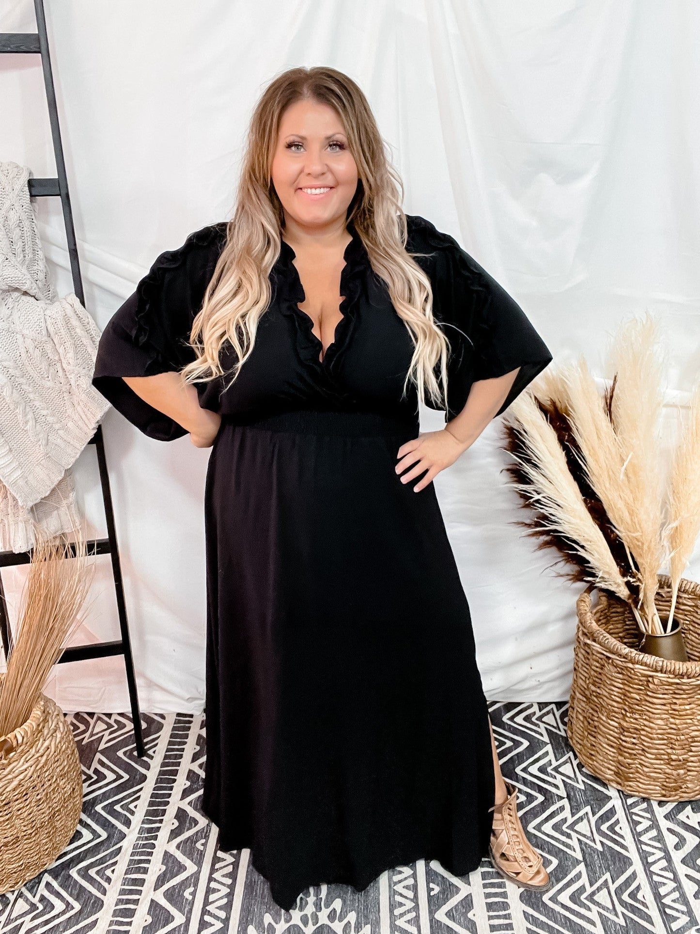 Ruffle Detailed Maxi Dress - Whiskey Skies - ODDI