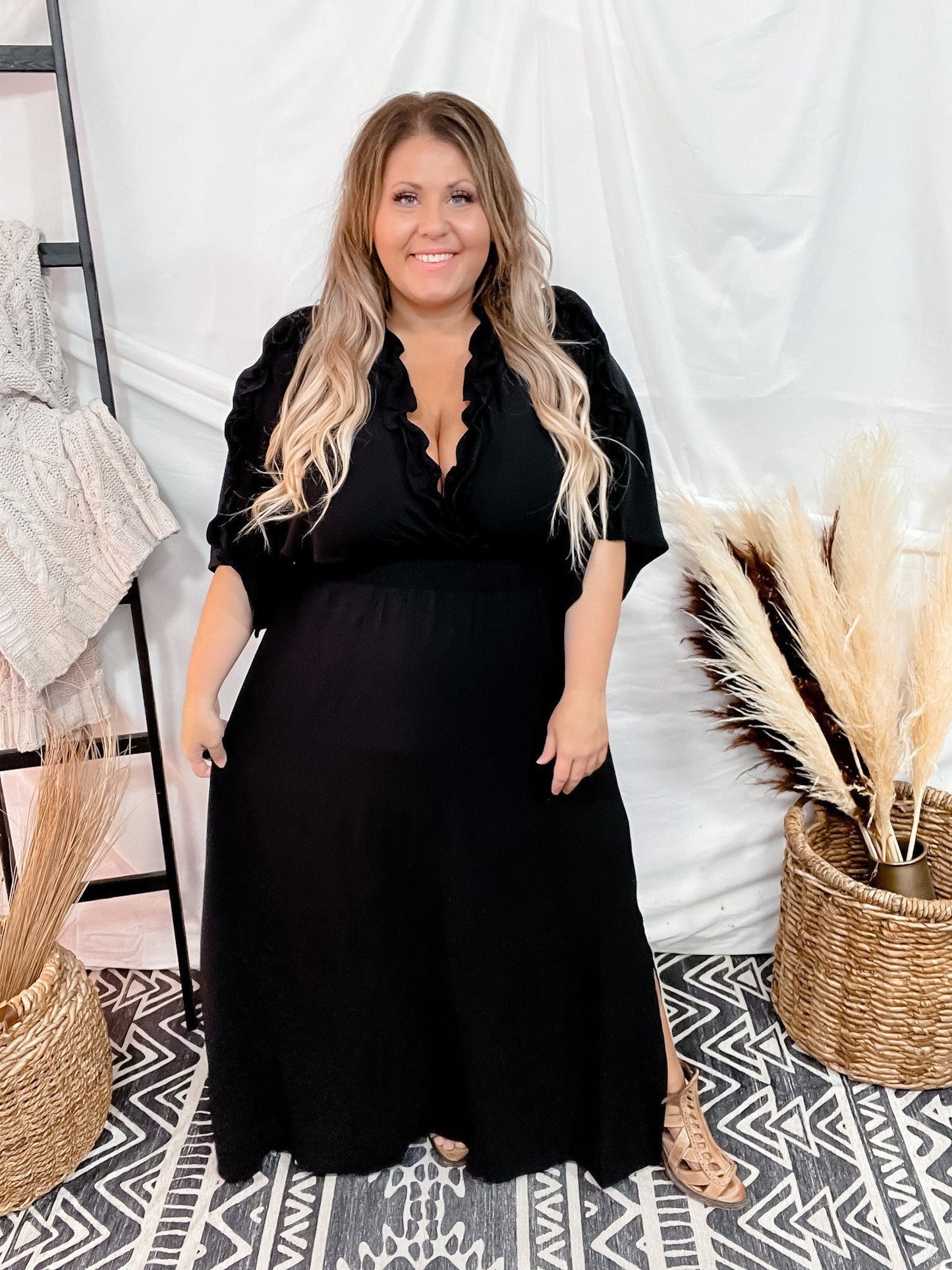 Ruffle Detailed Maxi Dress - Whiskey Skies - ODDI