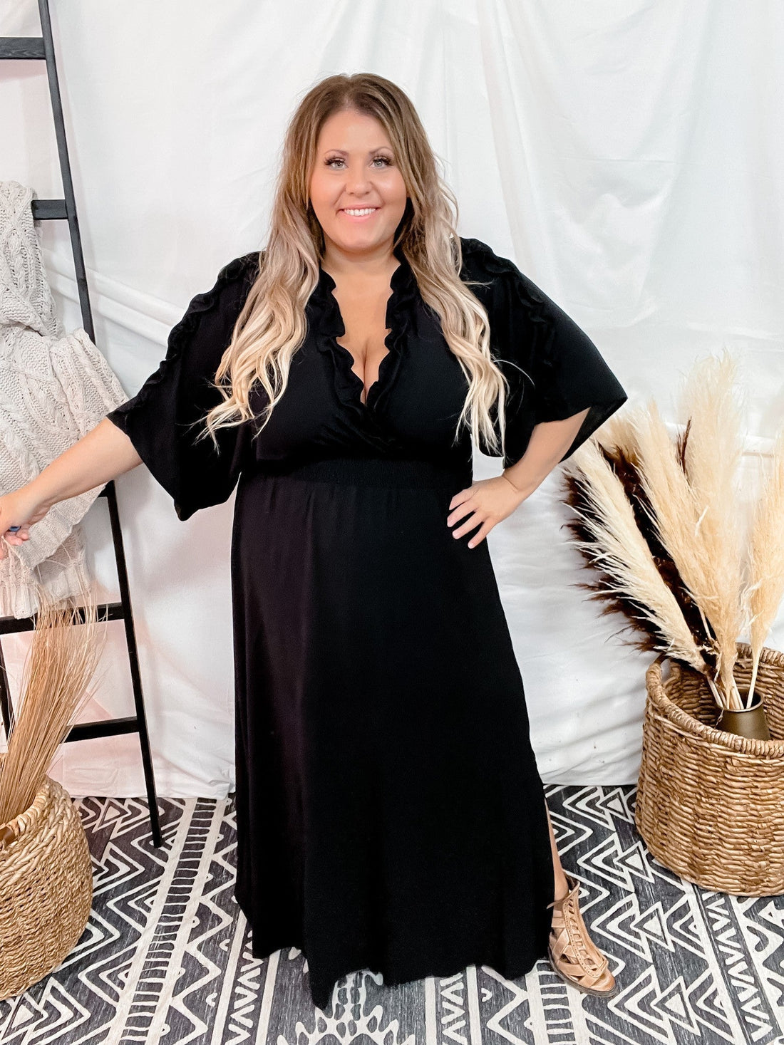 Ruffle Detailed Maxi Dress - Whiskey Skies - ODDI