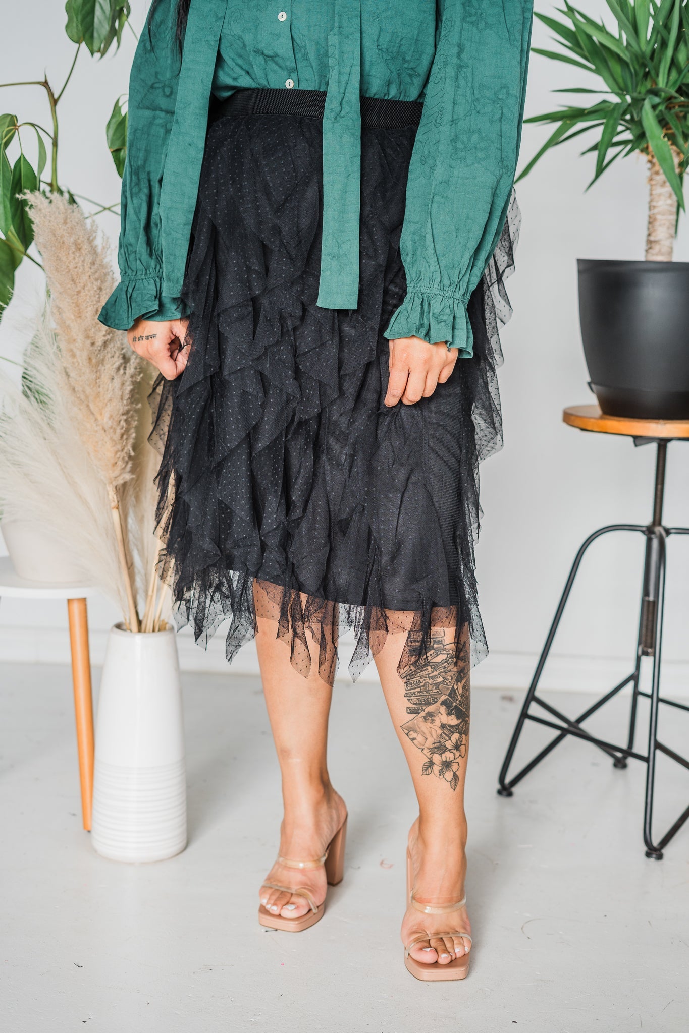 Ruffled Tulle Midi Skirt with Elastic Waist Band - Whiskey Skies