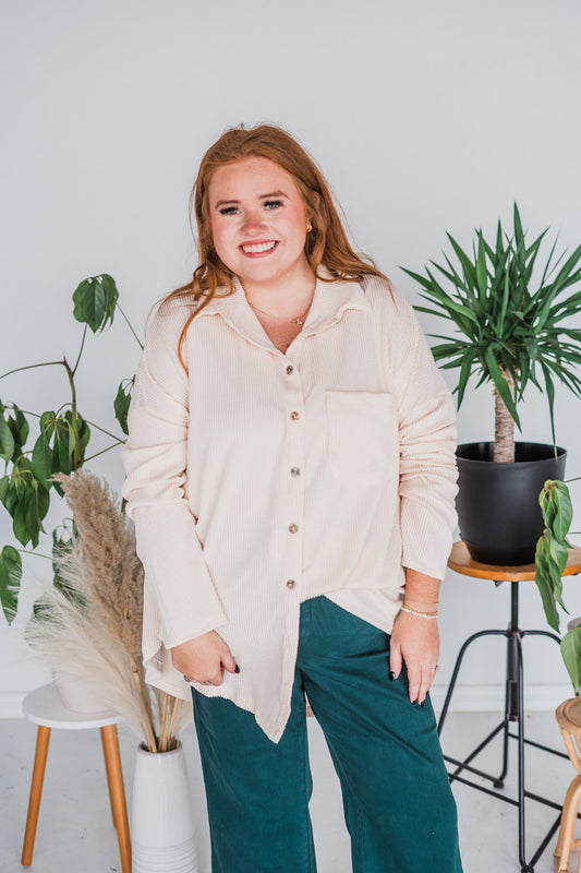 Sand Colored Long Sleeve Corded Button Up Top - Whiskey Skies
