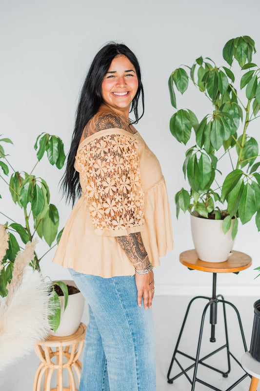 Short Sleeve Sand Colored Top W/ Lace Sleeves - Whiskey Skies