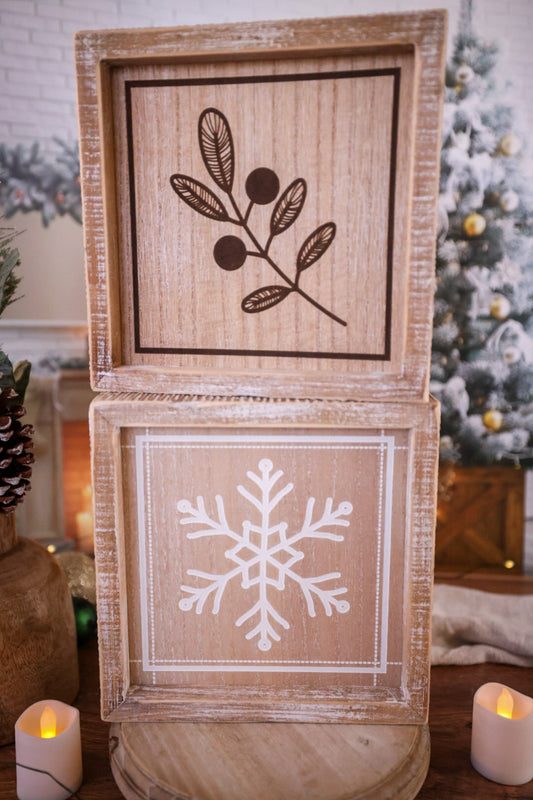 Snowflake/Holly Double Sided Wooden Sign - Whiskey Skies