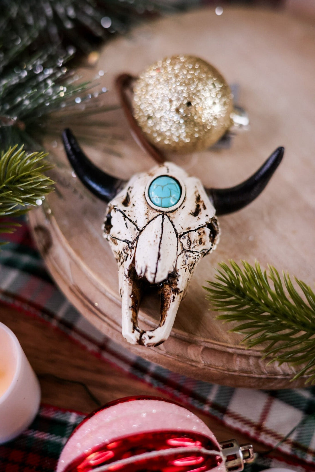 Steer Skull with Turquoise Ornament - Whiskey Skies